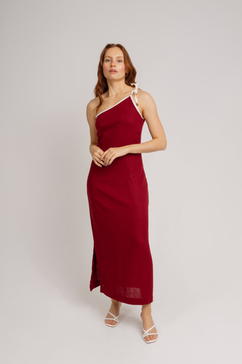 Vestido Ombro Único Viés Bordô